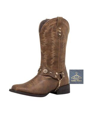 Womens Cowboy Boots Wide Calf Square Toe Harness Western Boots Faux Leather